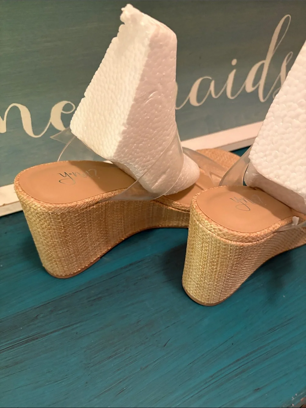 NWOB Clear Strap Raffia Wedge Sandals in Tan